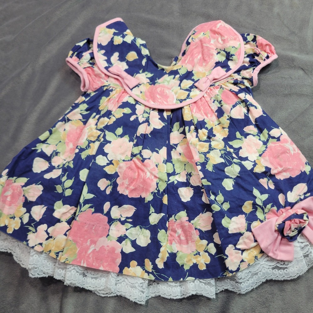C.I. Castro & Co. Vintage Floral Lace Trim Dress Navy Pink Rose Baby Girl 24M‎
